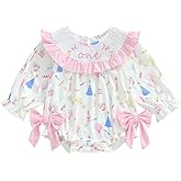 Pudcoco Baby Girls First Birthday Outfit 1st Birthday Romper Coquette Bow Bubble Smocked One Embroidery Ruffle Jumpsuit