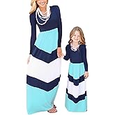 Mommy and Me Long Sleeve Matching Maxi Dress Mother and Daughter Boho Striped Chevron Outfit Clothes
