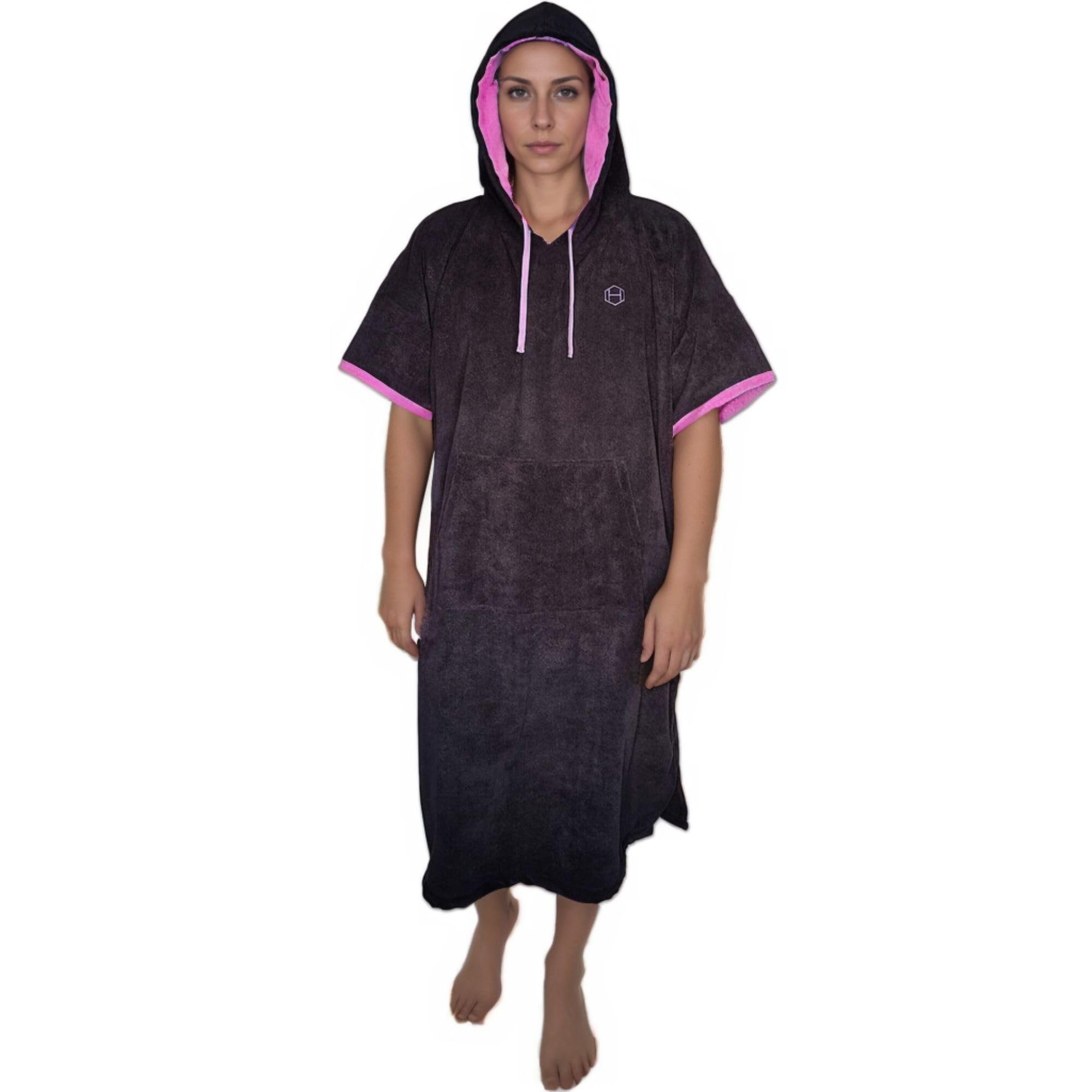 Photo 1 of Hang 11 Surf Poncho - Surf Changing Poncho with Hood & Front Pocket, Soft & Absorbent Quick-Dry Material, Hooded Towel Robe for Men & Women, Hoodie for Adults for Beach and Pool (Black & Pink)