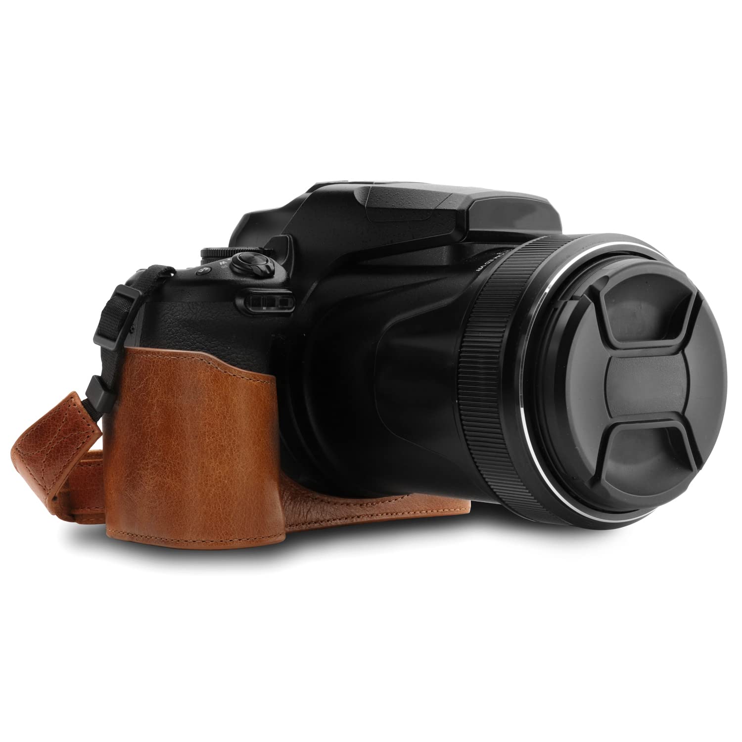 MegaGear MG1534 Nikon Coolpix P1000 Ever Ready Leather Camera Half Case and Strap - Dark Brown