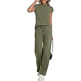 Casly Lamiit Two Piece Sets for Women 2026 Summer Travel Outfits Mock Neck Cap Sleeve Tops Lounge Set Wide Leg Pants