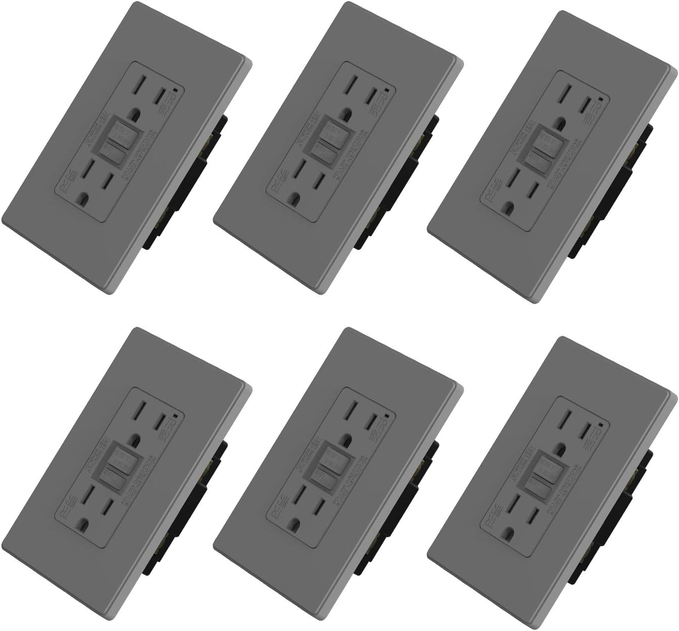 ELEGRP 15 Amp GFCI Outlet, 5-15R GFI Dual Receptacle, TR Tamper Resistant and WR Weather Resistant, Self-Test Ground Fault Circuit Interrupters with Wall Plate, UL Listed (6 Pack, Matte Gray)