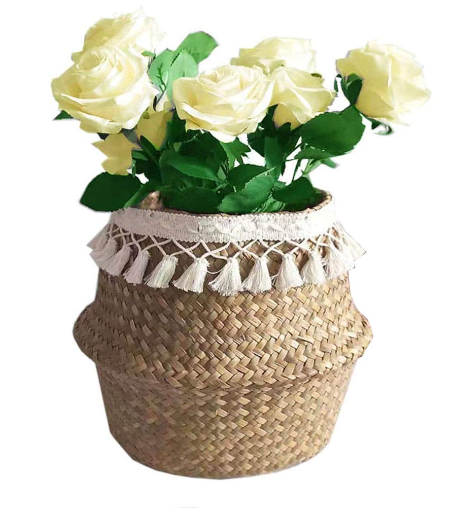 SZETOSY Natural Seagrass Storage Basket - GOODCHANCEUK Seagrass Belly Basket With White Tassel Foldable Woven PomPom Basket With Handle for Laundry, Toys or Planters,Nursery 32x28CM