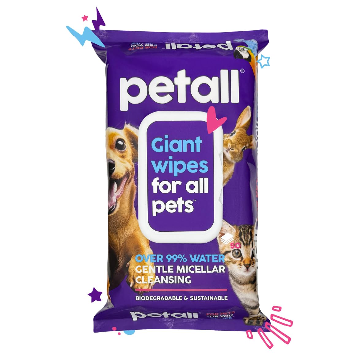 Petall Extra Large Thick Hypoallergenic Biodegradable Pet Wipes - Fragrance Free With Aloe - For Dogs, Puppies, Cats & All Pets - 50 Wipes