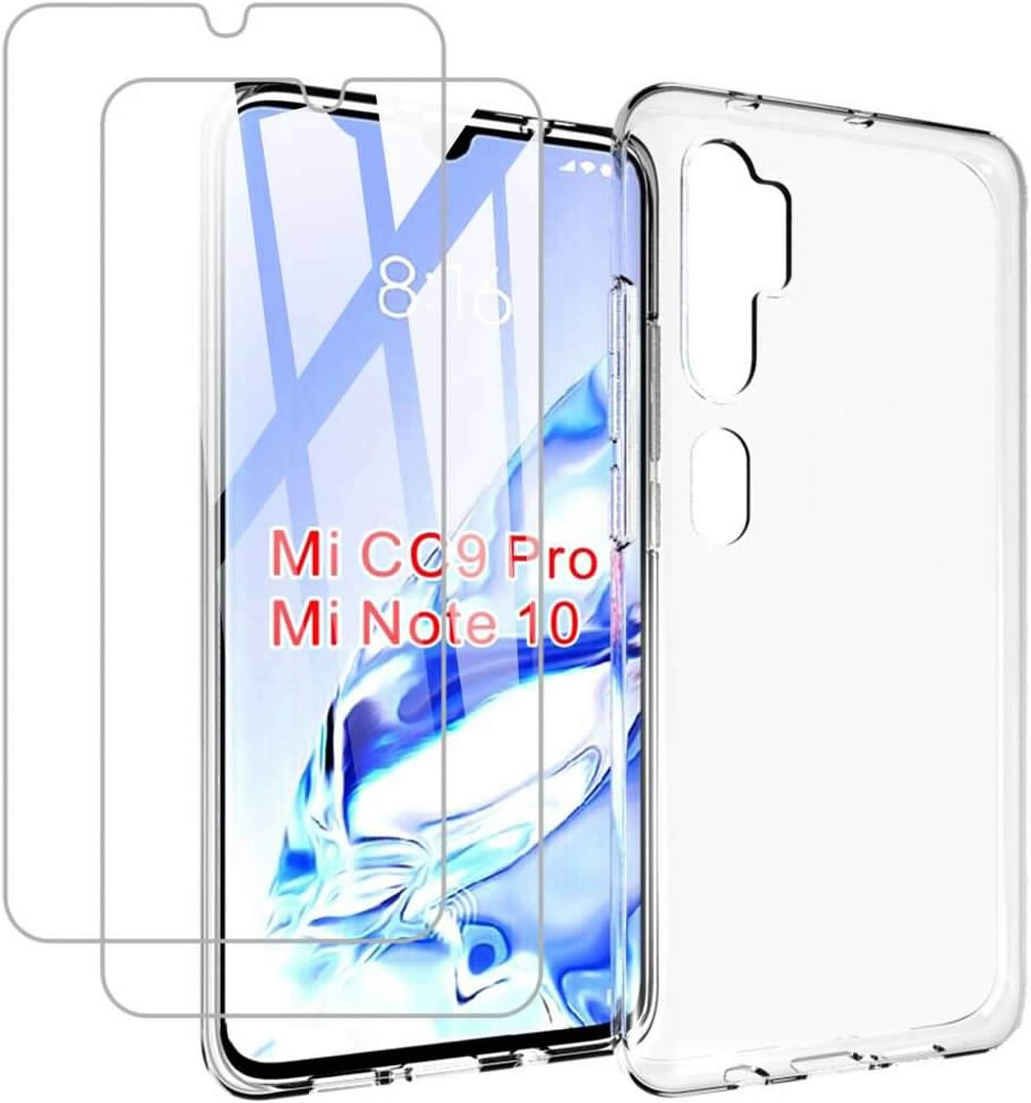(3 in 1) for Xiaomi Mi Note 10 / Mi CC9 Pro Case + (2 Pack) Glass Screen Protector Slim Clear Soft TPU Silicone Phone Case Cover with (Clear) Transparent for Xiaomi Mi Note 10 / Mi CC9 Pro