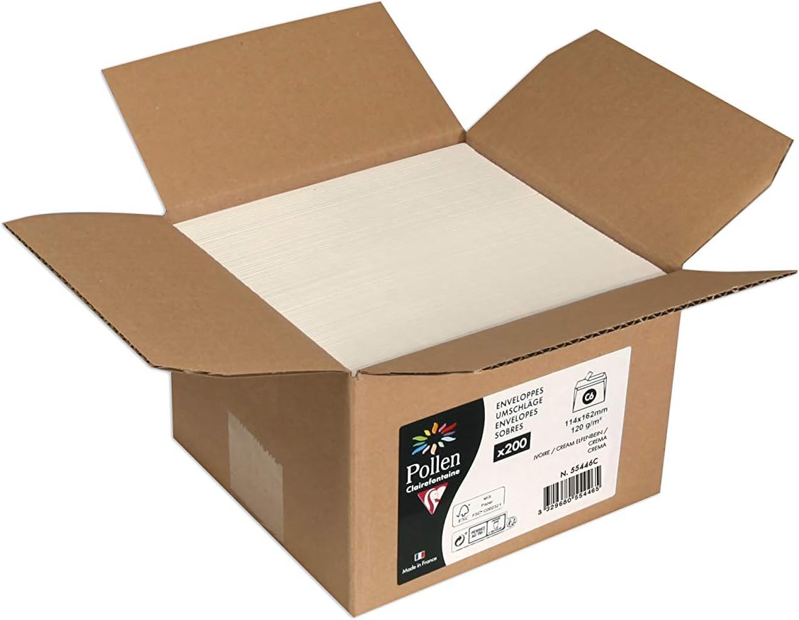 Clairefontaine 55446C Carton of 200 Self-Adhesive Envelopes C6 (11,4x16,2cm) 120g/m² Cream Invitation Events Correspondence Pollen Range Smooth Premium Paper