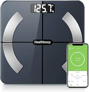 Körperfettwaage, Bluetooth Personenwaage mit App, Smart Digitale Waage für Körperfett, BMI, Gewicht, Muskelmasse, Wasser, Protein, Skelettmuskel, Knochengewicht, BMR, Schwarz