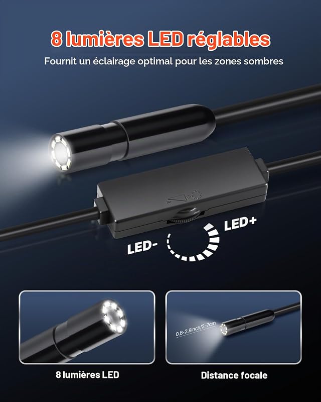 Caméra Endoscopique avec Câble Semi-Rigide 5 m, Endoscope HD 1920p pour Android et iOS, avec 8 Lumières LED Réglables, Zoom, Étanche IP67, Caméra Serpent d'Inspection pour Automobile, Plomberie