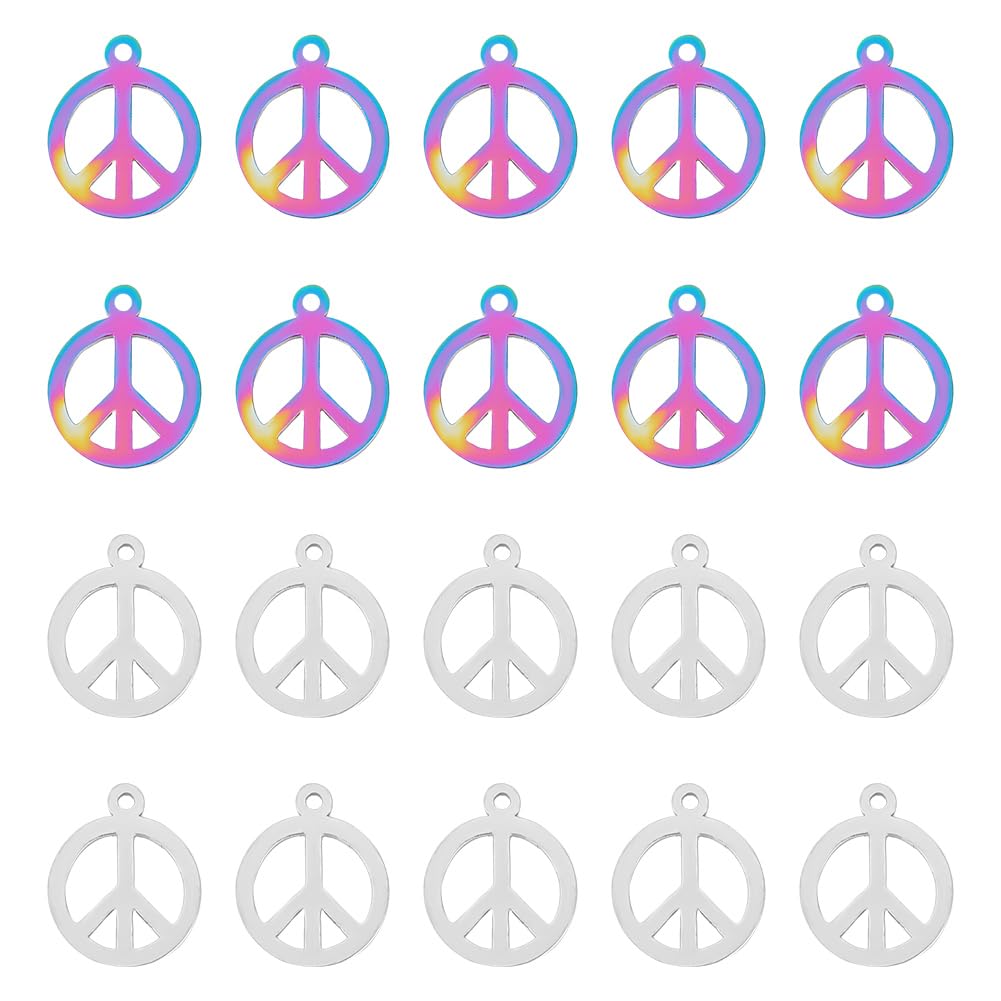 UNICRAFTALE 40Pcs 2 Colors Peace Sign Pendants Stainless Steel Peace Charms Metal Peace Pendant Necklace Earring Peace Symbol Charms for Necklace Jewelry Making, Hole 1mm