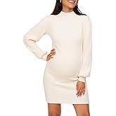 Lueluoye Maternity Sweater Dress for Pregnant Women Turtleneck Puff Sleeve Knit Slim Fit Bodycon Mini Dress