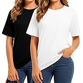 Combed Cotton Summer Tops for Women – Short Sleeve Crewneck T-Shirts, Compact Knit Loose Fit Basic Tees 2 Pack Black White