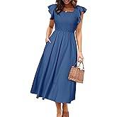 Miessial Womens Summer Smocked Midi Dress Casual Flutter Sleeve Long Boho Flowy A Line Church Modest Dresses with Pockets