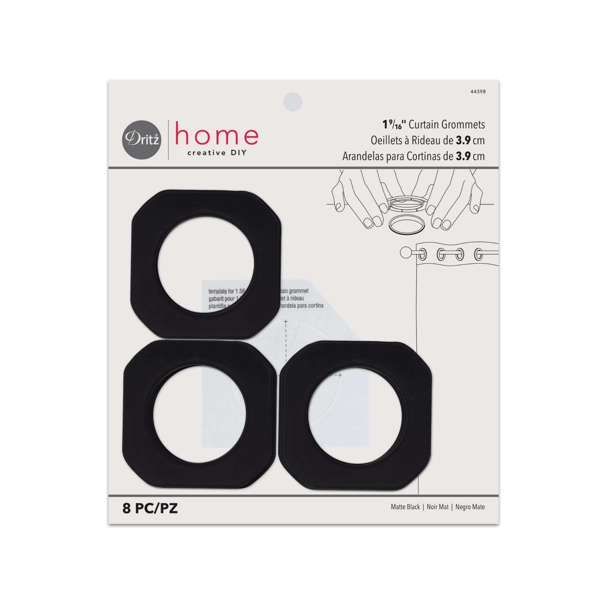 Dritz 1-9/16-Inch Inner Diameter Plastic Square Curtain Grommets, Pack of 8, Matte Black