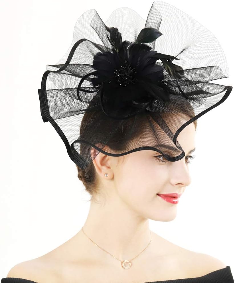 Fascinator Hats for Women Cocktail Feather Mesh Net Veil Party Kentucky Derby