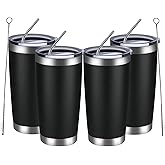 MEWAY 20oz Tumbler 4 Pack Double Wall Vacuum Insulated Travel Mug Bulk, Stainless Steel Tumblers with Lid and Straw, Durable Powder Coated Coffee Cups for Cold & Hot Drinks (Black, 4)