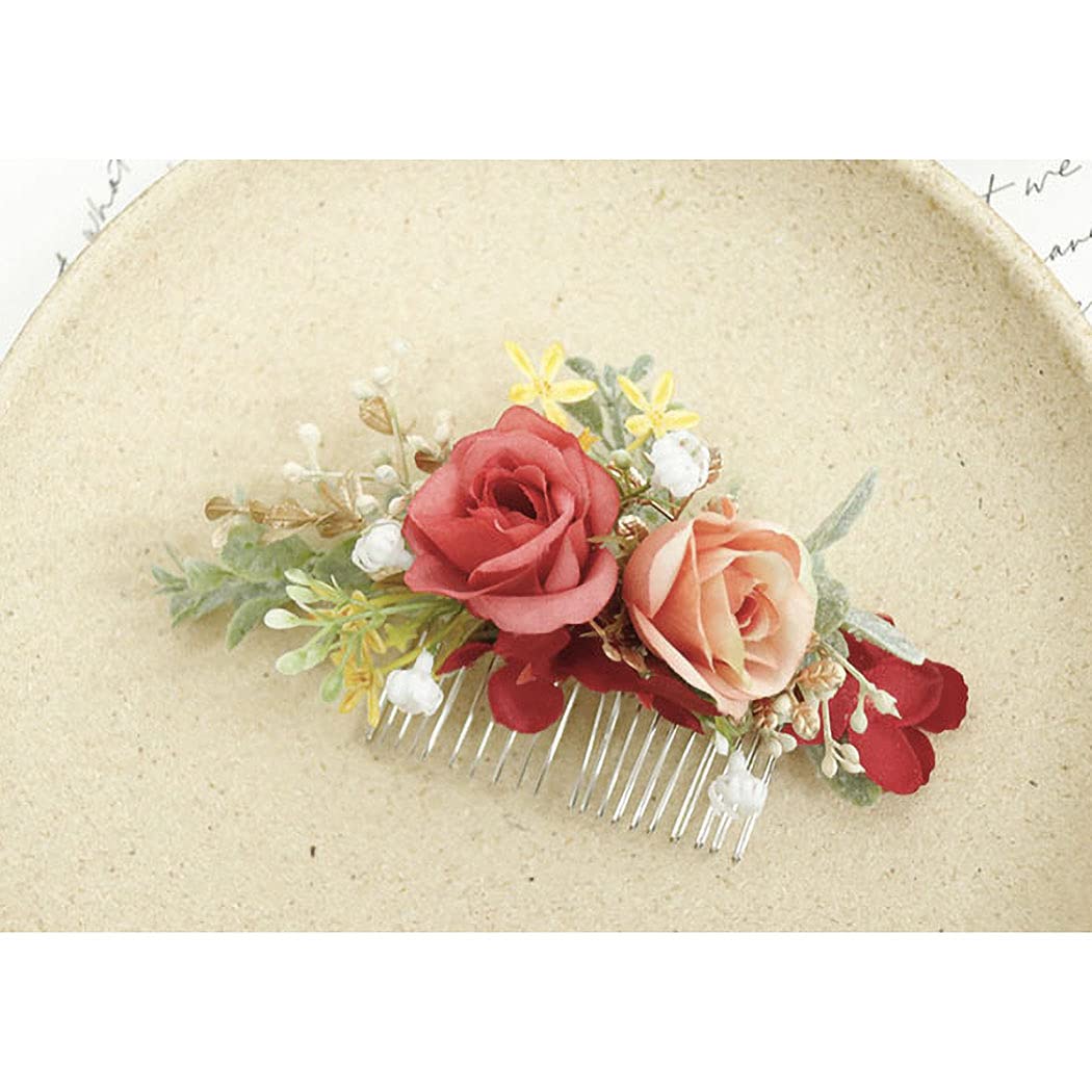 IYOU Red Bridal Hair Comb Artificial Flower Headpiece Leaves Prom Beach Wedding Sides Combs Hair Dress Accessories for Bride and Bridesmaid