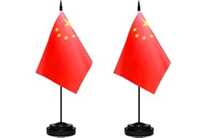 TIBIJOY China Chinese Small Mini Desk Flag Set Miniature China Chinese Table Office Flag with 13" Black Pole, Black Base, Miniature China Deluxe Desktop Flag(2 Pack)