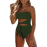 Viottiset Women's Bandeau One Piece Swimsuit Strapless Tie High Cut Out Bathing Suit