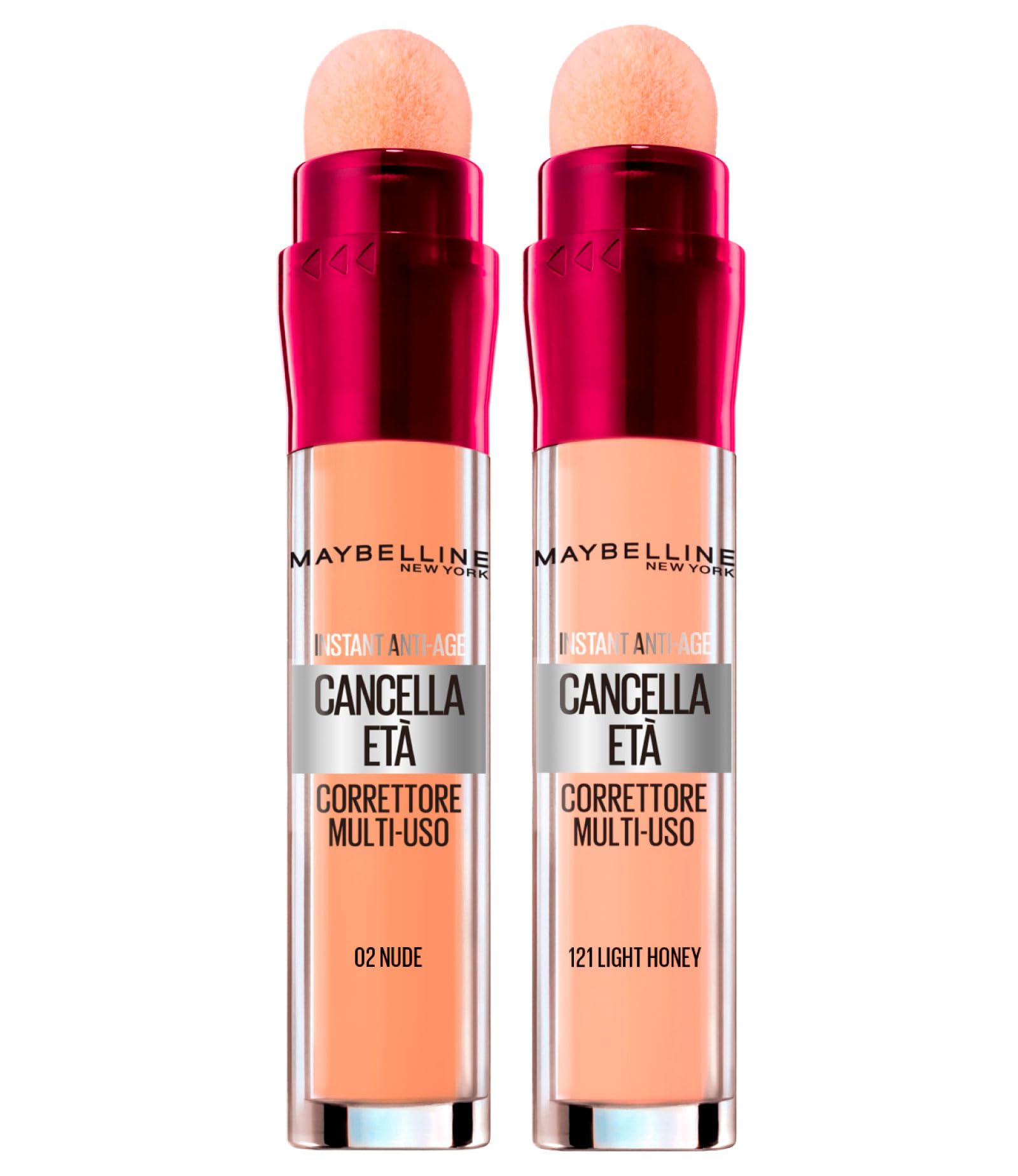 Maybelline New York The Erase Age Liquid Concealer Multipurpose Color 02 Nude with Sponge Applicator + Erase Age Liquid Corrector 121 Light Honey Against Dark Circles Instant Anti-Age
