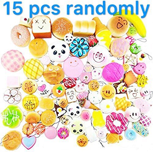 Squishies 15 pcs Kawaii Slow Rising Medium/Mini Random Cake Bread Panda Bun with Phone Straps ibloom squishy (15 pcs)