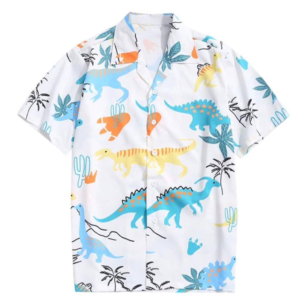 Funky Hawaiian Shirt, Mens XS-XXL Short Sleeve Button Down Hawaii Print Shirt Dinosaur Print Shirts Pink/White