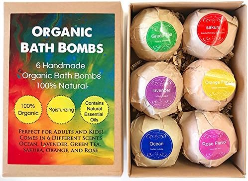 Organic Bath Bombs Set of 6 Bath Bombs Gift Set with Lush Aromatic Essential Oils, Scents Include: Rose, Ocean, Green Tea, Sakura, Orange, and Lavender - All Natural Fizz Bath Bombs Adults or Kids