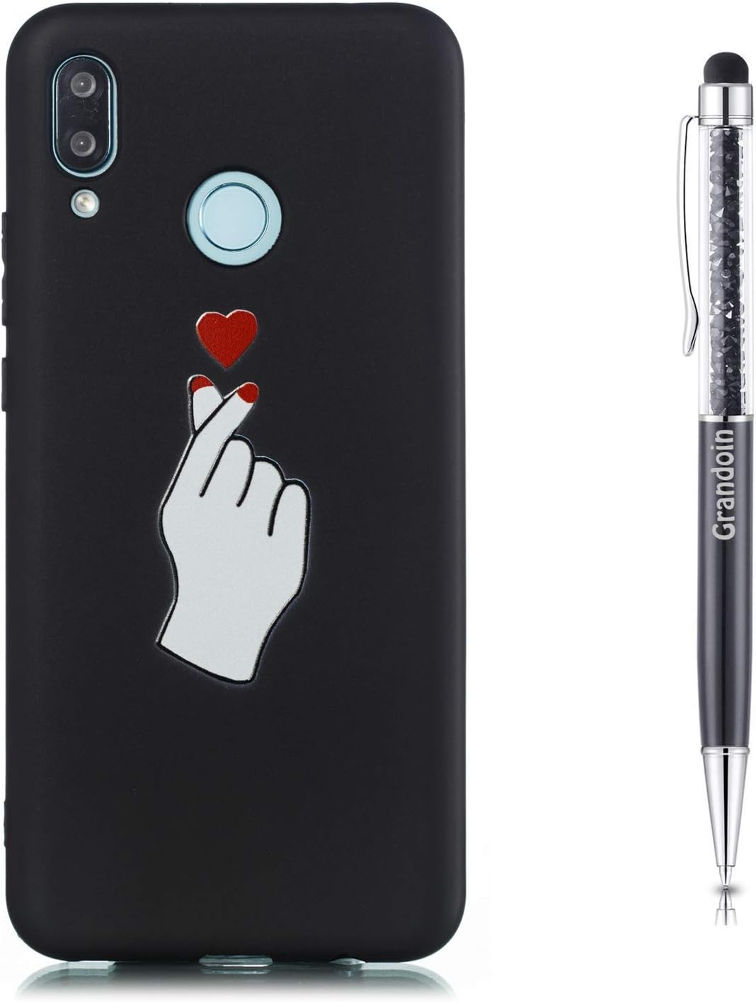 Grandoin Compatible with Huawei Nova 3 Case, Ultra Slim Chic Cute Pattern Black Soft Silicone Gel TPU Rubber Bumper Shockproof Full-body Protective Cover Case (Love3)