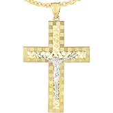 Floreo 14k Yellow Gold 1.9" Diamond Cut & Textured Jesus Crucifix Two-Tone Cross Charm Pendant with optional Chain Necklace