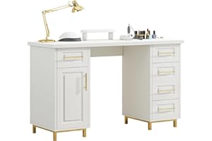 MaverickFurni White and Gold Nail Tech Desk for Nail Tech, Wooden Manicure Table with Storage, 43 Inch Nail Table with 5 Drawers and Cabinet, Manicure Desk Nail Station