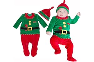 FANCYINN Baby's Christmas Elf Outfit My First Coverall Rompers Christmas Bodysuit with Santa Hat suit 0M-24M