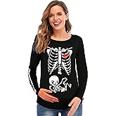 DDSOL Women Halloween Skeleton Maternity Shirt Long Sleeve Pumpkin Skeleton Baby Pregnancy Tops
