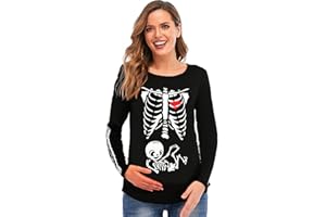 DDSOL Women Halloween Skeleton Maternity Shirt Long Sleeve Pumpkin Skeleton Baby Pregnancy Tops