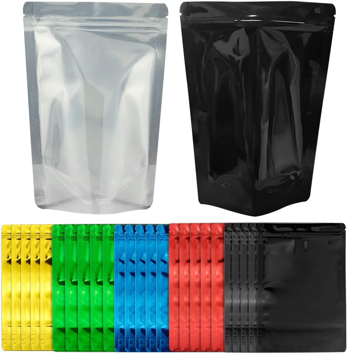 Mylar Bags Resealable Ziplock Stand Up Food Storage Aluminum Foil Bags 25 Pack Thickened Reusable Pouches 5 Different Colors Bags for Beans Coffee Cookie Snack Food Dried Flowers Tea-7.09x10.24inch