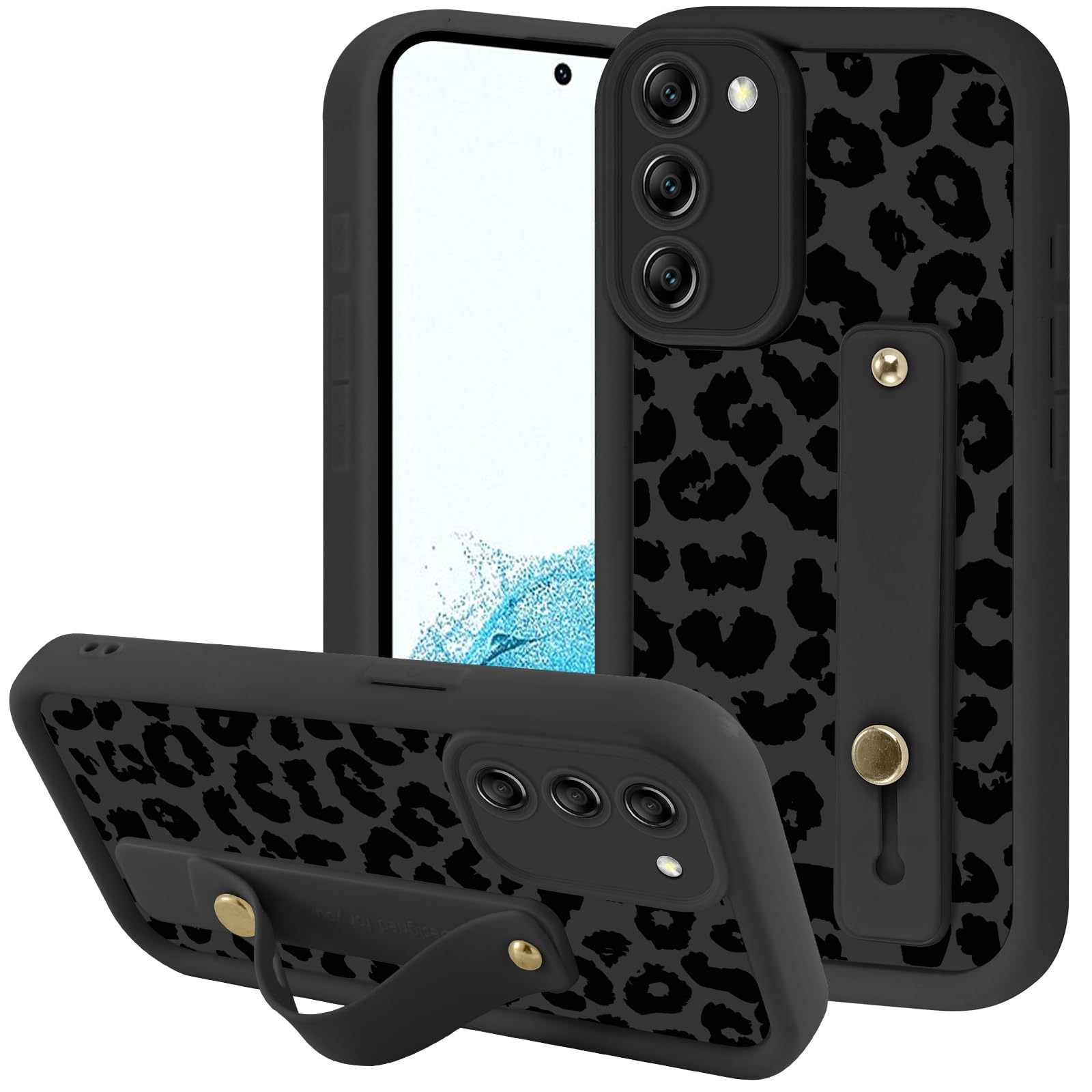 Zrutru Aesthetic Black Leopard Print Phone Case for Samsung Galaxy S22 5G with Flexible Adjustable Finger Hand Wrist Strap Holder Kickstand Silicone Shockproof Protection for Samsung S22 6.1 Inch