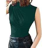 Avanova Women Fitted Sleeveless Ruched Tank Top Shirt Mock Turtleneck Blouses