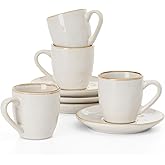 famiware Ocean Espresso Cups with Saucers Set of 4, 3.34oz Espresso Cup Set, Coffee Mug Set for Latte, Macchiato, Stoneware Demitasse Cups Set for Cafe, Microwave&Dishwasher Safe, Cappuccino White