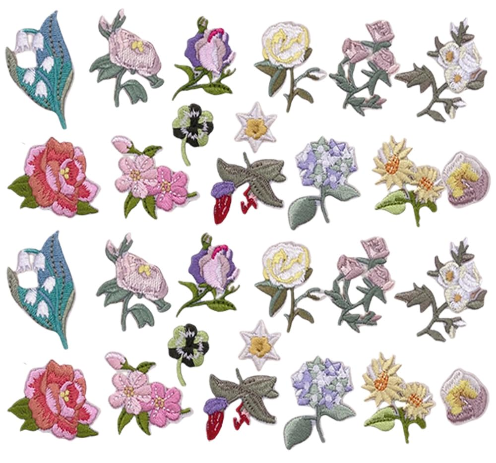 Photo 1 of 28 PCS Mini Flowers Iron On Patches Retro Mini Floral Embroidered Iron on Sew on Applique Stickers for Backpacks,Pants,Jackets,Vests,Coat,Uniforms,Clothes,Jeans,Dress,Hat,DIY Decoration,Bags
