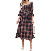 Women's Plaid Midi Dress, Square Neck Puff Sleeve Smocked Waist Tie Belt Dress for Fall, Party & Casual