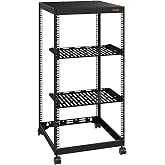 20U Open Frame Network Rack | Includes 2CS 1U Vented Shelves, 4-Post With Casters &amp; Mounting Hardware Holds Networking IT Equipment AV Gear Router Modem