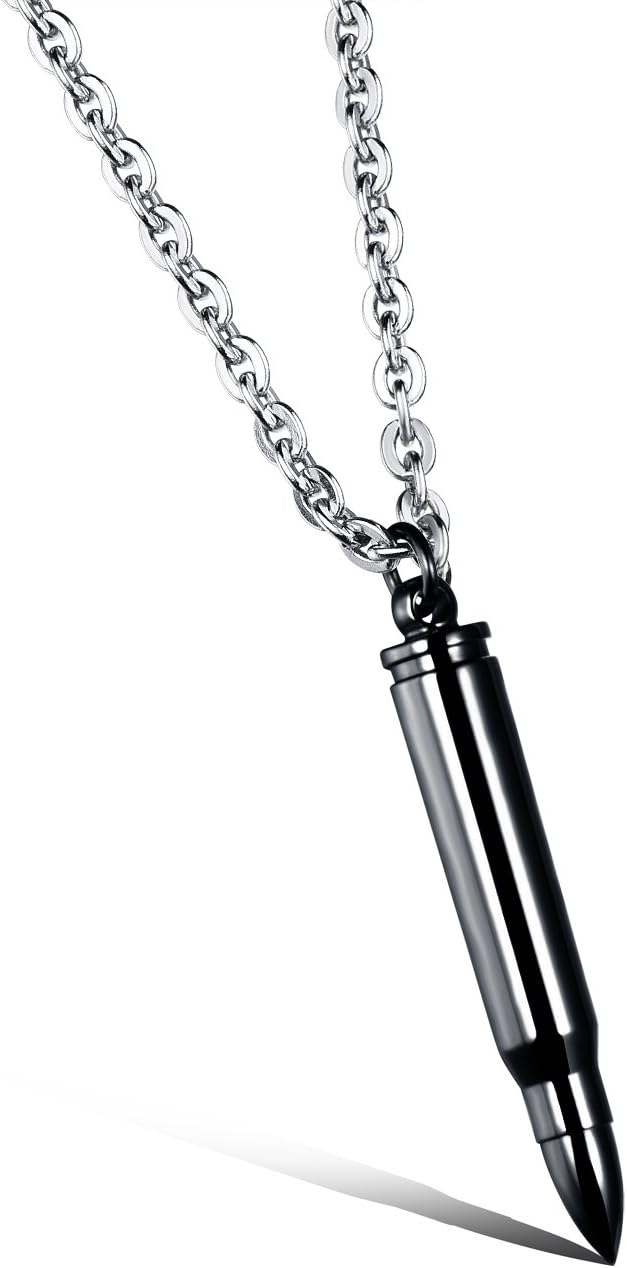 Fate Love Bullet Cylinder Pendant Stainless Steel Chain Necklace for Men Biker Punk, Silver/Gold/Black