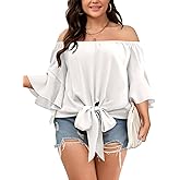 SHESTARR Womens Plus Size Off The Shoulder Blouse Tops Half Sleeves Tie Front Sexy Flowy Top