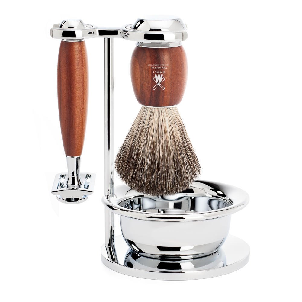Muhle Vivo Plum Wood 4 Pieces Safety Razor Double Edge Hair Removal Set with Shaving Brush Pure Badger Bristles - No Blades Included