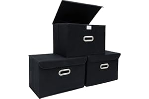 STOREONE Fabric Storage Cube Bins Foldable Organizer Container Collapsible Basket with Lids and Metal Handles, for Home, Bedroom, Closet (Black, 3 Pcs)