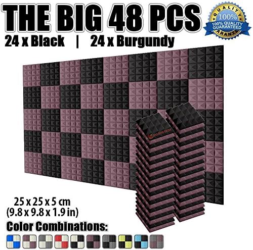 Dragon Dash 48 Pack of 9.8" x 9.8" x 1.9" Inches Black and Burgundy Acoustic Soundproofing Pyramid Foam Studio Treatment Wall Panel Tiles DD1034 (BLACK &amp; BURGUNDY)