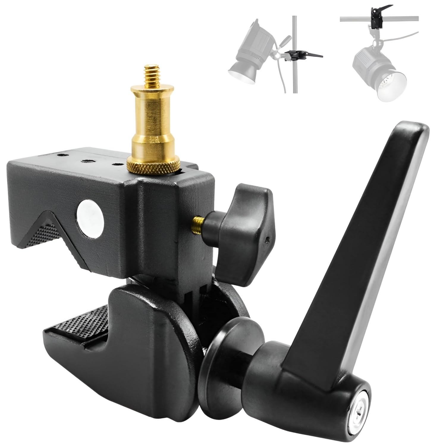 PYXEL STUDIO Super Clamp with 1/4 and 3/8 Thread Stud for Photo Cameras, Lights, Umbrellas, Hooks, Shelves, Plate Glass, Cross Bars, LED Lighting Photography Video Audio Accessories, Gold