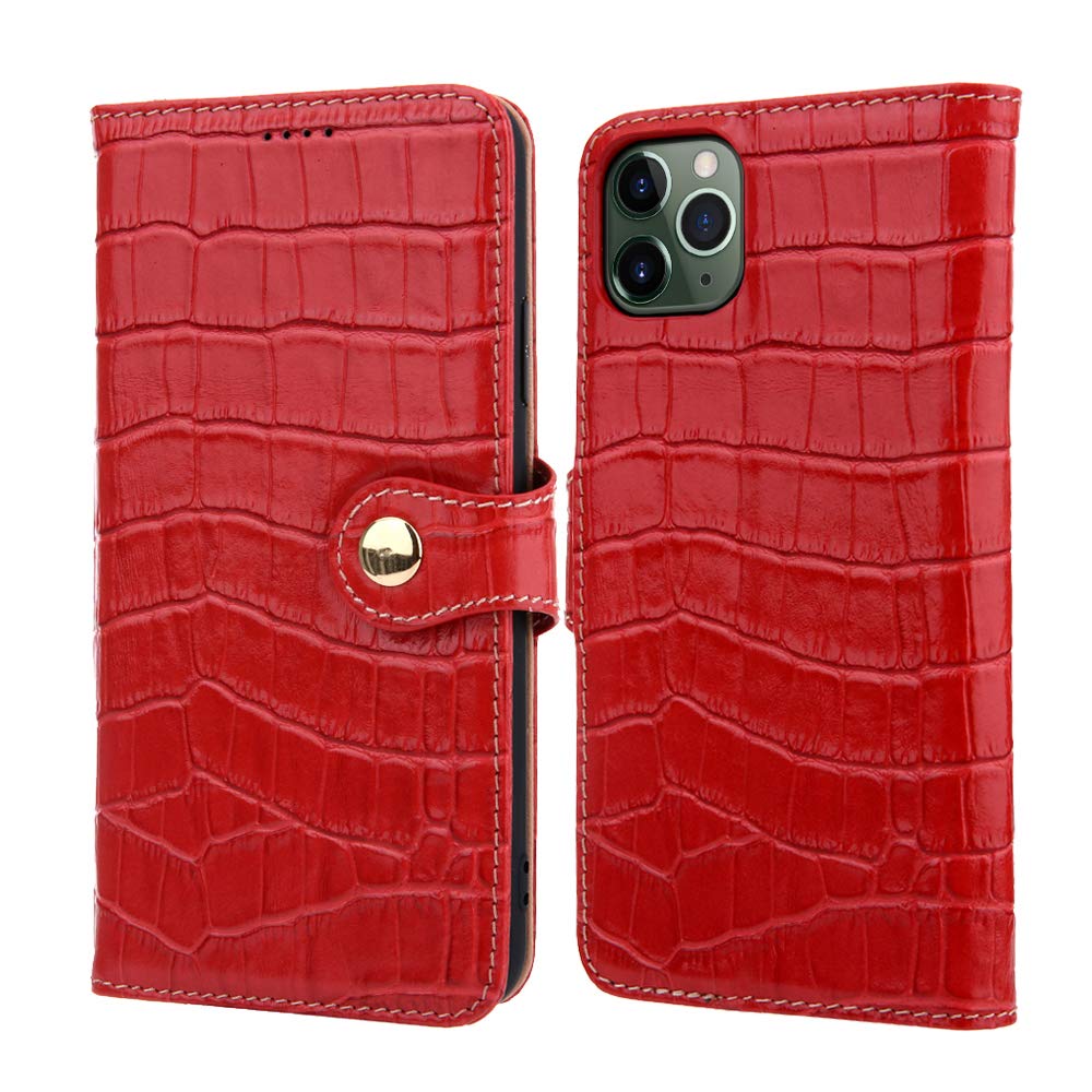 nincyee Genuine Leather Wallet Case for iPhone 11 Pro Max,Classic Crocodile Pattern Real Leather Flip Stand Case Cover with Card Slot Red