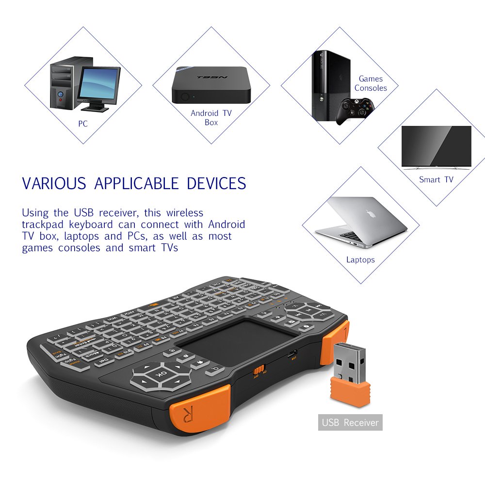 KUD i8+ 2.4GHz Plus Mini Wireless Keyboard with Touchpad Mouse Rechargable Air Mouse LED Backlit Handheld Remote Control Controller for Android TV BOX Smart TV PC Notebook Mini PC Li-ion Battery