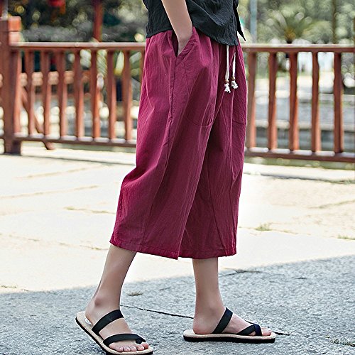 LISTHA Loose Baggy Harem Pants Men's Casual Sports Calf-Length Linen Trousers Wine Red