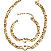 PLOUTOS Heart Hollow Open Chunky Curb Chain Link Necklace Bracelet Set For Women Two Piece Matching Jewelry For Women Alloy Gold Tone Adjustable Statement