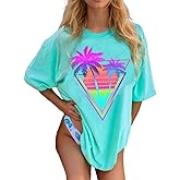 Beach Sunset Palm Trees Graphic Oversized Shirt Womens Retro Summer Beach Party T-Shirt Tropical Vacation Tee Tops